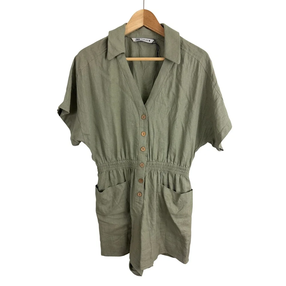 Zara Linen Blend Button Front Romper Women S Green Short Sleeve Utility Safari